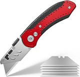 Folding Utility Knife, Heavy Duty Retractable and Folding Box Cutter for Cartons Cardboard and Boxes, Anti-slip Metal Body, SK5 Quick Blade Change Box Cutter, with Safety Lock and 5 Extra Blades